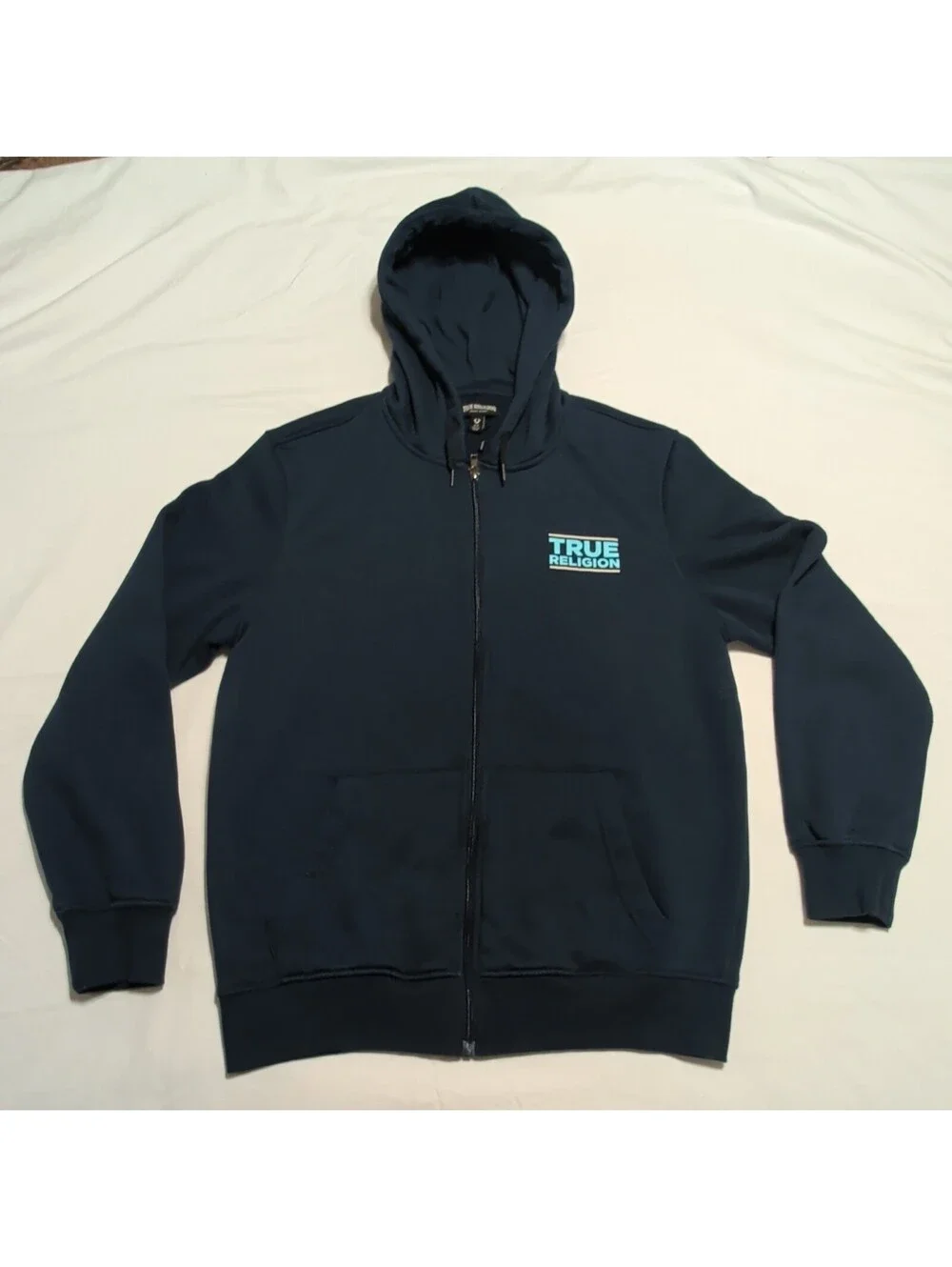 True Religion Men's Full Zip Hoodie Navy Blue Buddha Guitar Graphic Size S